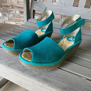 FLY London Perforated Leather Wedge Sandals